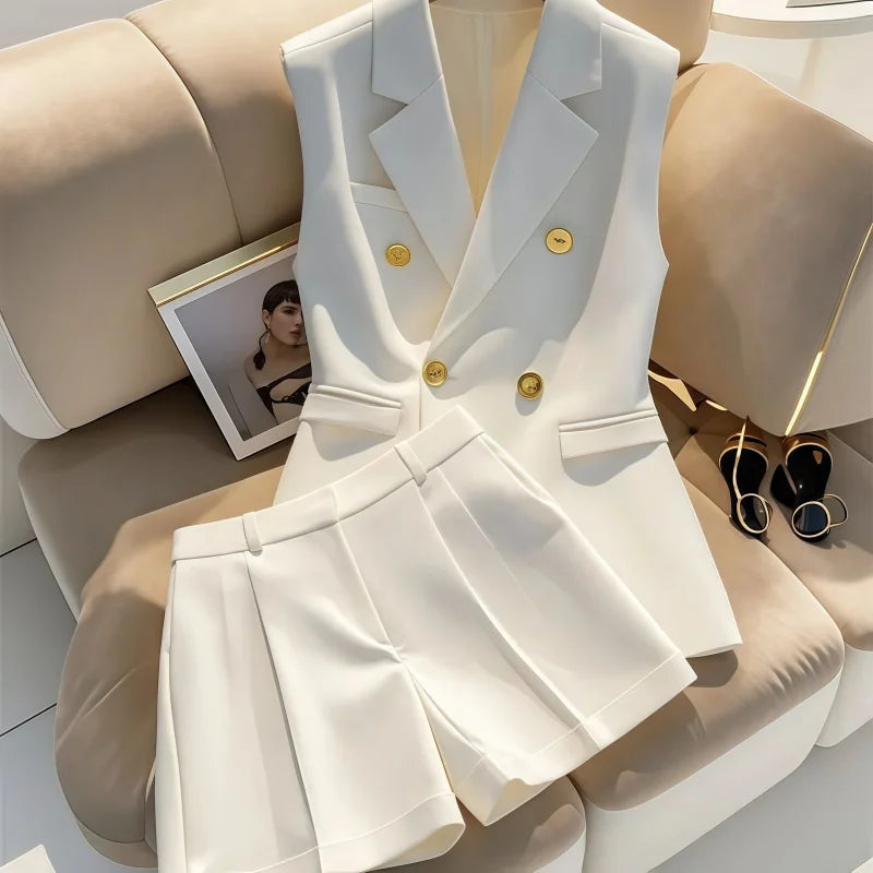 Elegant Office Lady Sleeveless Blazer and Shorts Set with Gold Button White Two Piece Suit Women Summer Business Casual Outfit