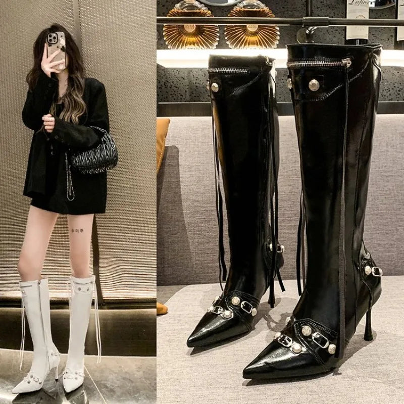 Women Sexy Chelsea Boots Pointed Toe High Heels Shoes Designer Winter New Stilettos Knee High Boots Pumps Motorcycle Botas