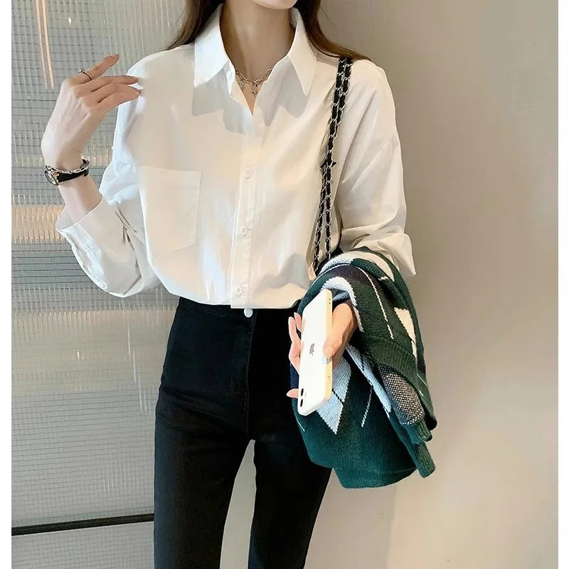 White Blouse Ladies' 2023 Autumn's new Korean-style Long-sleeved Casual Office Lady Shirt Loose Women Clothes Top Simple Shirts